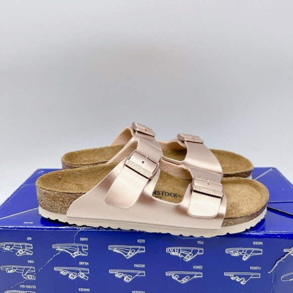 Birkenstock Arizona Birko Flor Kids Sandal Metallic Copper Pink EU 32 US 1- 1.5 - Picture 5 of 14
